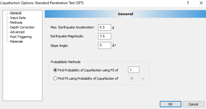Liquefaction Options: Standard Penetration Test dialog